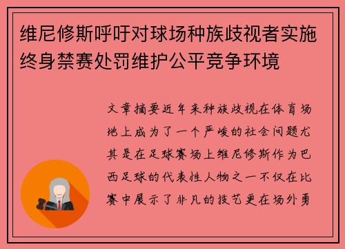 维尼修斯呼吁对球场种族歧视者实施终身禁赛处罚维护公平竞争环境